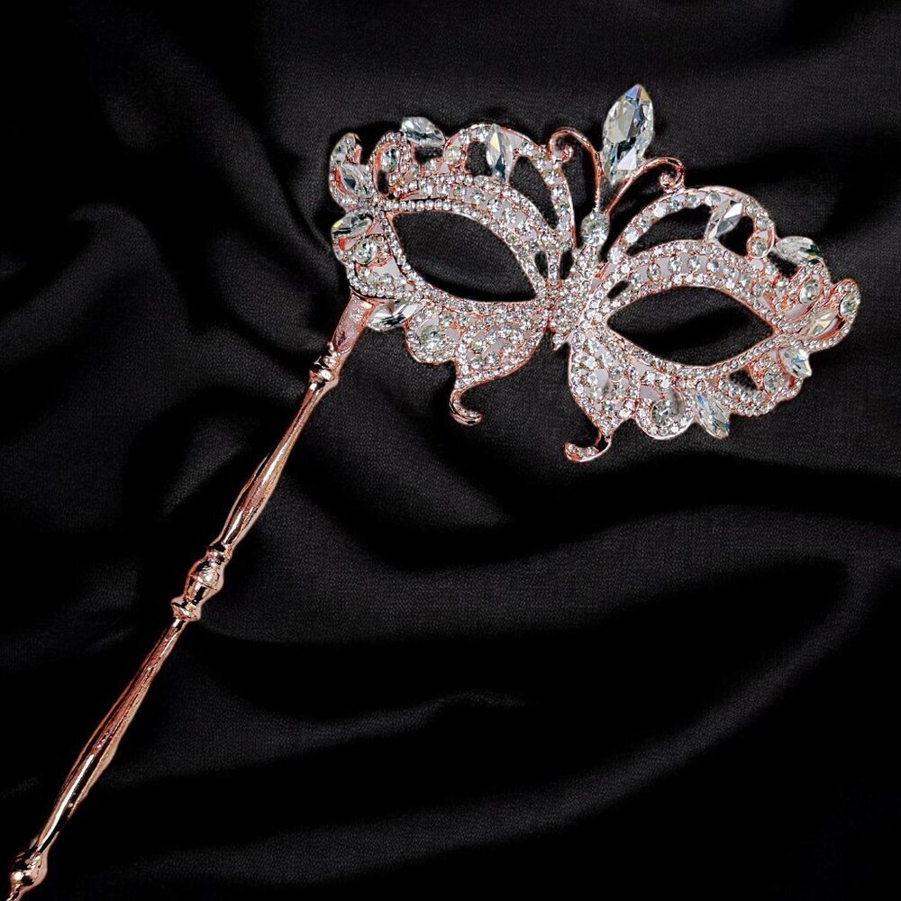 Clear Crystal Masquerade Mask with Stick, Met Gala Rose Gold Mask, Theatre Mask